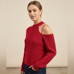 OAK + FORT Red Ribbed Cutout Crewneck Sweater